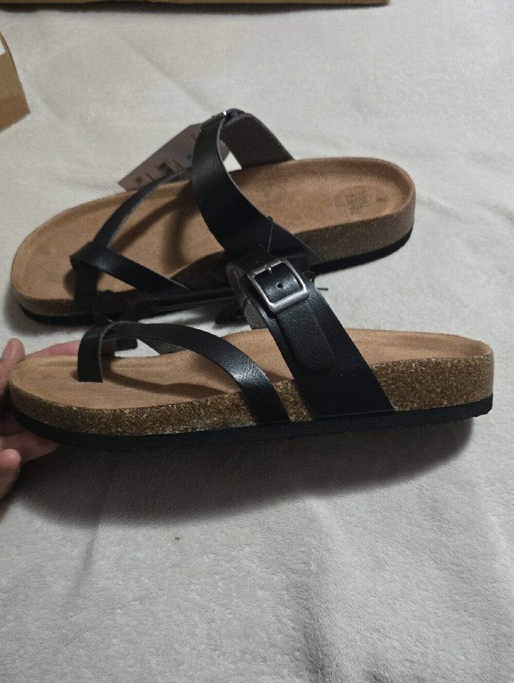 Time and Tru Black Strappy Cork-Style Footbed Sandals - Size 9 - Picture 3 of 5